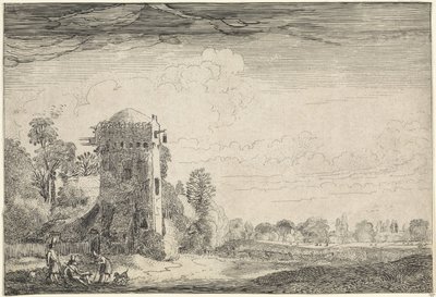 Jægere med hunde ved et tårn i et landskab Landskaber (serietitel) Amenissimae aliquot requculae (serietitel) af Jan van de Velde (II)