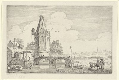 Landskab med et tårn og en bro over floden Niers Landskaber (serietitel) Amenissimae aliquot requculae (serietitel) af Jan van de Velde (II)