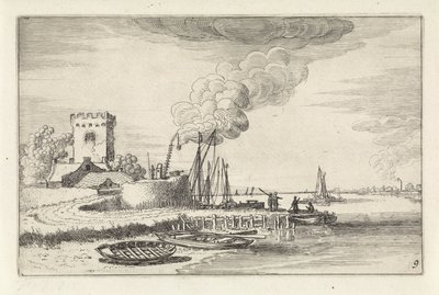 Landskab med et fyrtårn i en havn Landskaber (serietitel) Amenissimae aliquot requculae (serietitel) af Jan van de Velde (II)