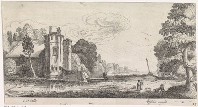 Landskab med figurer ved et befæstet hus med to tårne af Jan van de Velde (II)