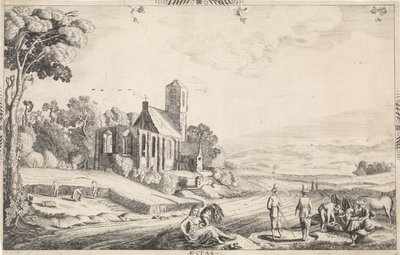 Landskab med kornhøst Aestas (titel på objekt) af Jan van de Velde (II)