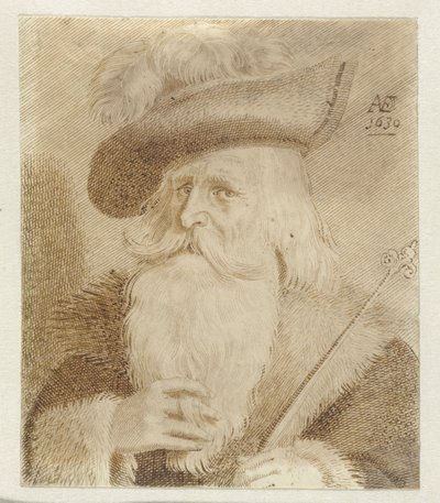 Mand med pelskrave, hat og stav af Jan van de Velde (II)