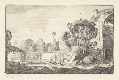 Mand med en hund ved en ruin Landskaber (serietitel) Amenissimae aliquot requculae (serietitel) af Jan van de Velde (II)