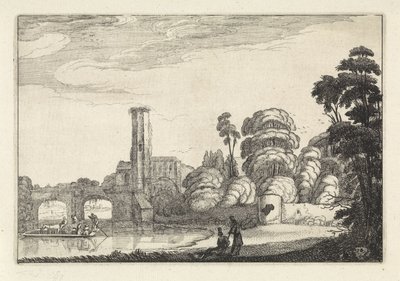Pont ved en bro og en ruin Landskaber (serietitel) Amenissimae aliquot requculae (serietitel) af Jan van de Velde (II)