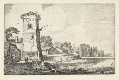Pont med får ved et tårn i et flodlandskab Landskaber (serietitel) Amenissimae aliquot requculae (serietitel) af Jan van de Velde (II)