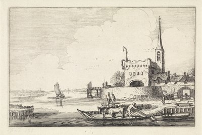 Pont med kvæg ved et fort i et flodlandskab Landskaber (serietitel) Amenissimae aliquot requculae (serietitel) af Jan van de Velde (II)