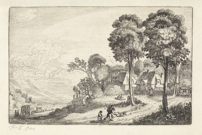 Rejsende på en sti nær en landsby Landskaber (serietitel) Amenissimae aliquot requculae (serietitel) af Jan van de Velde (II)