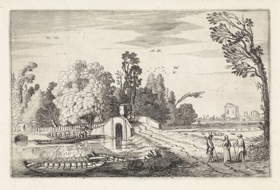 Flodlandskab med en stenbro Landskaber (serietitel) Amenissimae aliquot requculae (serietitel) af Jan van de Velde (II)