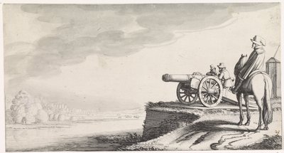 Rytter og to soldater ved en kanon på en flodbred Playsante landskaber og underholdende seværdigheder (serietitel) af Jan van de Velde (II)