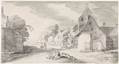 Bønder hviler langs en vej i en landsby Playsante landskaber og underholdende seværdigheder (serietitel) af Jan van de Velde (II)