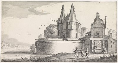 Soldater ved en fæstning og byport ved en flod Playsante landskaber og underholdende seværdigheder (serietitel) af Jan van de Velde (II)