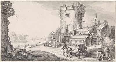 Soldater ved et tårn i et flodlandskab Playsante landskaber og underholdende seværdigheder (serietitel) af Jan van de Velde (II)