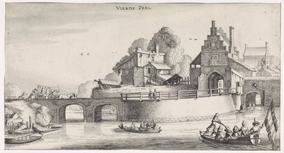 Byport med bro over vandet Playsante landskaber og sjove ansigter (serietitel) af Jan van de Velde (II)