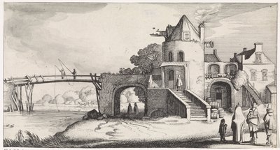 Betalingshus med træbro over floden Playsante-landskaber og underholdende seværdigheder (serietitel) af Jan van de Velde (II)