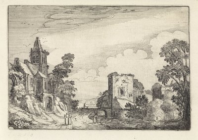 Tårn og en kirke i et landskab Amenissimae aliquot requculae (serietitel) Landskaber (serietitel) af Jan van de Velde (II)