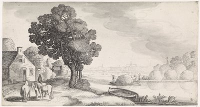 Høtransport på en flod med Haarlem i det fjerne Playsante landskaber og sjove ansigter (serietitel) af Jan van de Velde (II)