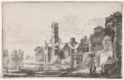 To munke ved et kloster i et flodlandskab Flodlandskaber (serietitel) af Jan van de Velde (II)