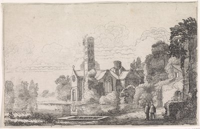 To munke ved et kloster i et flodlandskab Flodlandskaber (serietitel) af Jan van de Velde (II)