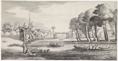 To robåde på en flod nær en landsby Playsante landskaber og sjove ansigter (serietitel) af Jan van de Velde (II)