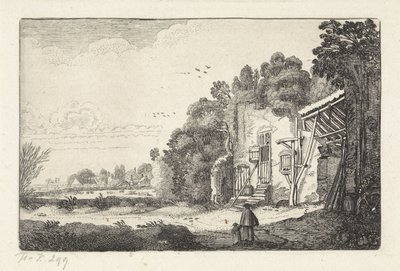 Kvinde med barn ved en ruin af et hus Landskaber (serietitel) Amenissimae aliquot requculae (serietitel) af Jan van de Velde (II)