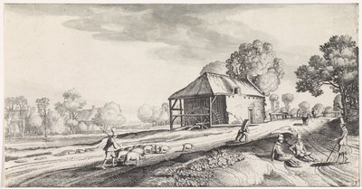 Vejgaffel ved en vandmølle Playsante landskaber og sjove ansigter (serietitel) af Jan van de Velde (II)