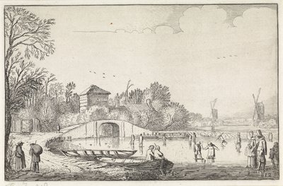 Vinterlandskab med skatere ved en bro Landskaber (serietitel) Amenissimae aliquot requculae (serietitel) af Jan van de Velde (II)