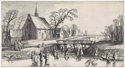 Vinterlandskab med skatere nær en landsby Playsante landskaber og sjove ansigter (serietitel) af Jan van de Velde (II)
