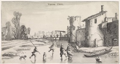 Vinterlandskab med skatere ved en bymur Behagelige landskaber og underholdende seværdigheder (serietitel) af Jan van de Velde (II)