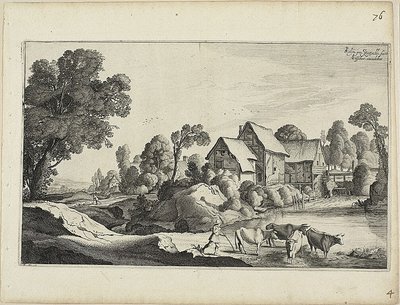 Kvægflok ved et vadested nær en vandmølle af Jan van de Velde II