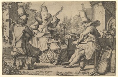 To elegant klædte mænd og en kvinde i en have, 1613-41. af Jan van de Velde II