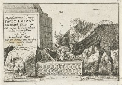 Dyr ved et springvand Titeltryk af en serie af tryk, der forestiller dyr Dyr (serietitel) Zoographiam (serietitel på objekt) af Jan van den Hecke