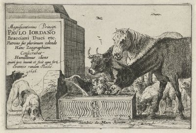 Dyr ved et springvand Titeltryk af en serie af tryk, der forestiller dyr Dyr (serietitel) Zoographiam (serietitel på objekt) af Jan van den Hecke