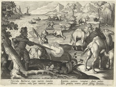 Sømænd i et rædselsfuldt barbarland dræber kameler med musketter for at lindre deres sult, illustration fra 
