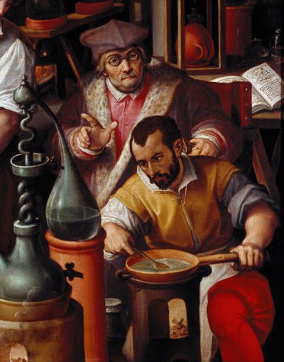 Alkymistens laboratorium, detaljer af Jan van der Straet
