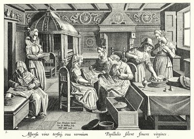 Håndtering af æg fra silkeorme (gravering) af Jan van der Straet