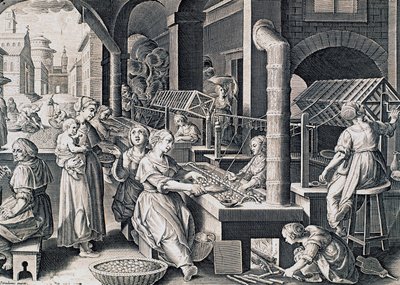 Vermis sericus, kvinder, der spinder silke og opvarmer silkeorme i brand, gravering af Stradanus (1523-1605), Italien af Jan van der Straet