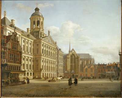 Dam Street og det nye rådhus i Amsterdam, Holland ... af Jan van der (manner of) Heyden