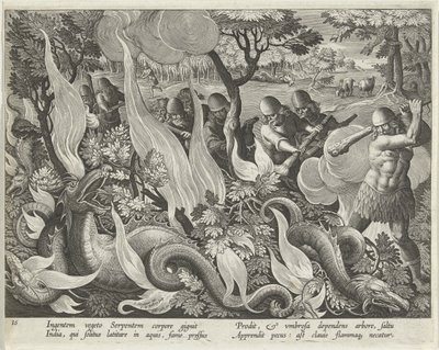 At fange slanger i Indien ved hjælp af køller og fakler til at tænde underskoven, tallerken 44 fra pubben Venationes Ferarum, Avium, Piscium (Of Hunting: Wild Beasts, Birds, Fish). 1640 af Jan van der 1523 1605 Straet