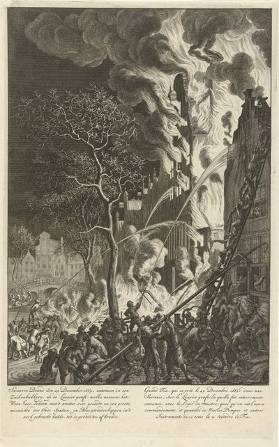Brand på Lauriergracht i Amsterdam, 1669 Kraftig brand den 29. december 1669. opstod i et sukkerbageri, på Laurier-transplantatet (…) / Grand feu, qui se prit le 29. december 1669. dans une sucrerie, sur le Laurier-transplantatet (…) (titel på objektet) af Jan van der Heyden (attributed to)