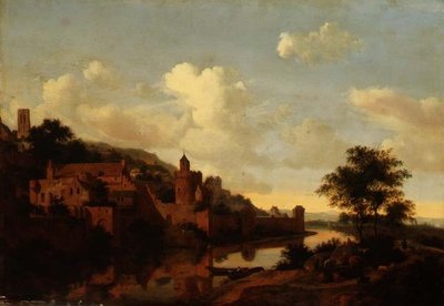 En befæstet by over en flod (panel) af Jan van der Heyden