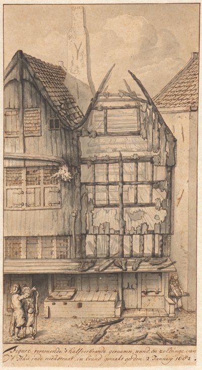To udbrændte huse i Oude Nieuwstraat, 1682 af Jan van der Heyden