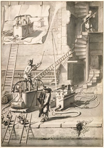 Sammenligning af de gamle brandslanger med Van der Heydens slangebrandslange af Jan van der Heyden