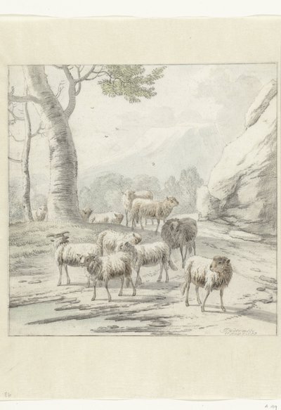 Landskab med en flok får nær et træ af Jan van der Meer (II)