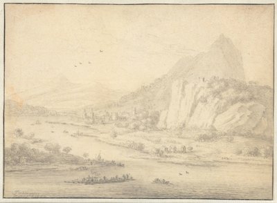 Bjergrigt flodlandskab med både af Jan van der Meer (II)