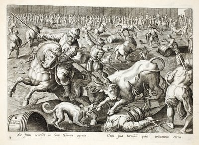En massetyrefægtning i en indhegning, illustration fra 