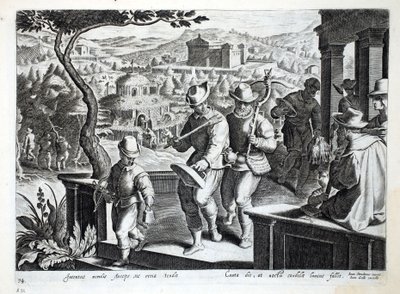 Fuglefangere på vej ud for at fange solsorte, illustration fra "Venationes, Ferarum, Avium, Piscium" (Om jagt: vilde dyr, fugle, fisk), graveret af Jan Collaert (1566-1628), udgivet af Phillipus Gall. af Jan van der Straet