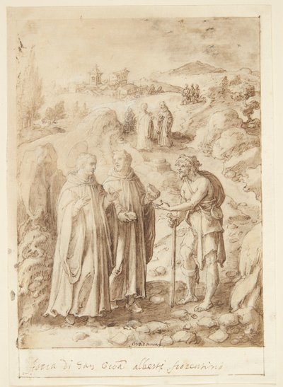 S. Giovanni Alberti Fiorentinos historie. Helgenen og den ledsagende munk giver en tigger deres sidste brød af Jan van der Straet