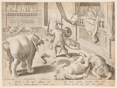 En romersk soldat, der kæmper mod en af ​​Hannibals elefanter, pl. 7 i serien Game, Birds and Fish af Jan van der Straet, called Stradanus