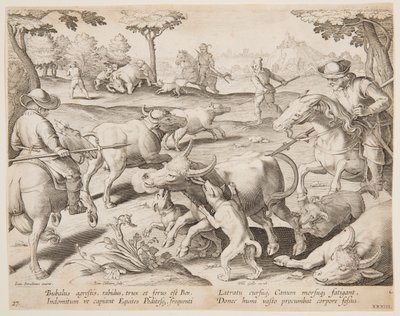 Buffalo Hunt, tallerken 27 i Hunts of Game, Birds and Fish-serien af Jan van der Straet, called Stradanus
