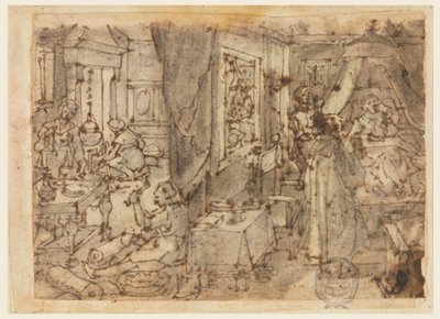Discovery of Guaiacum as a Cure for Venereal Disease, design til "Hyacum et lues venerea," plade 6 i Nova Reperta (New Inventions of Modern Times) print-serien af Jan van der Straet, called Stradanus